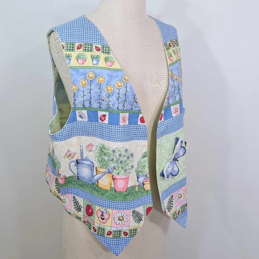 Handmade "Garden" vest W 3D butterflies, plants, flowers, farmhouse Vest. 2X - Picture 2 of 14